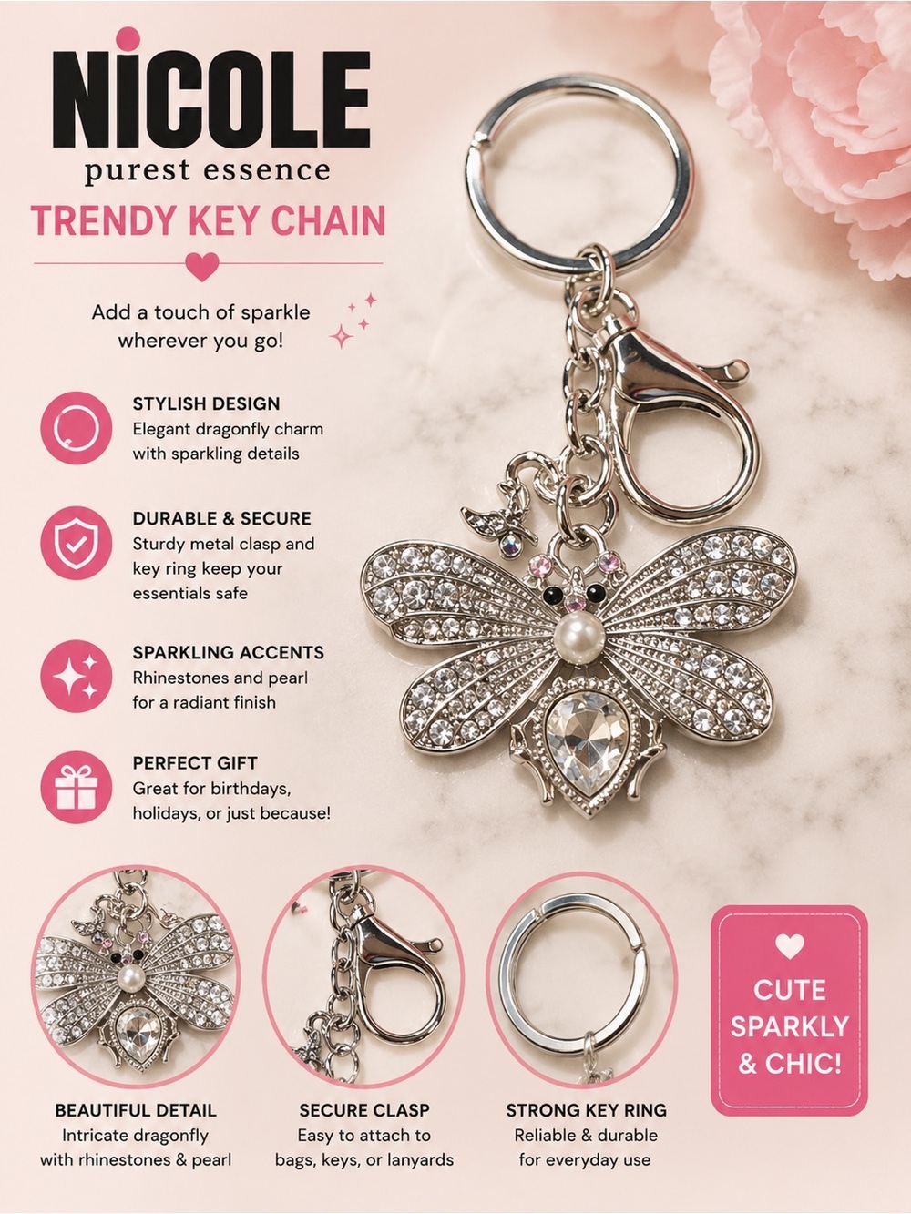 Nicole Silver Sparkling Dragonfly Key & Bag Charm